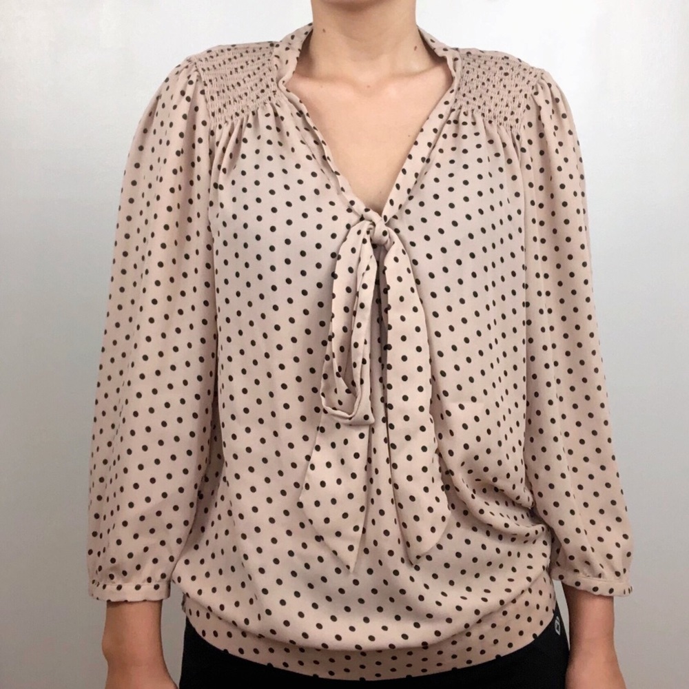 The Limited Tan/Beige Polka Dot  Tie Neck Blouse